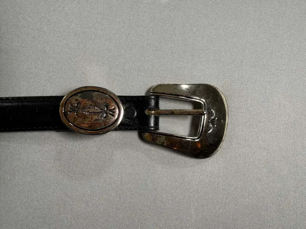 Vintage 1993 Silver Creek Black Leather Western Belt with Concho Buckle and Tip